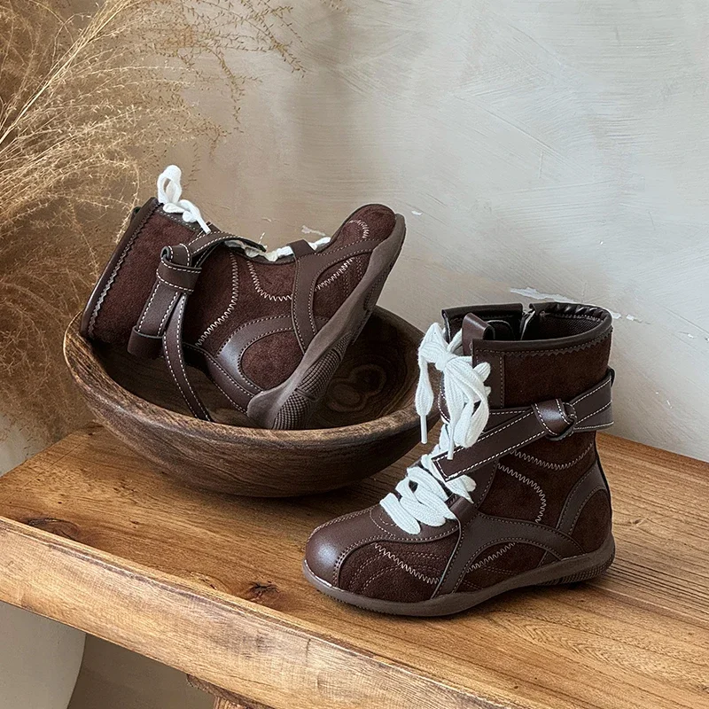 2027 Autumn Winter Girls Fashion Boots Children's Trendy Retro Leather Boots Girls Versatile Single Winter Shoe for Girl Kids