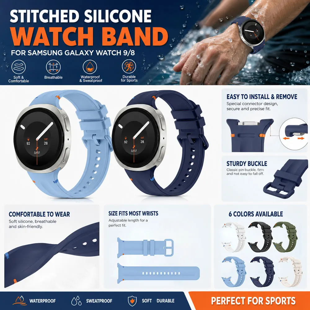 Silicone Strap with Stitch Detail for Samsung Galaxy Watch 9 8 Smart Watch Band Sport Wristband Breathable Replacement Accessory