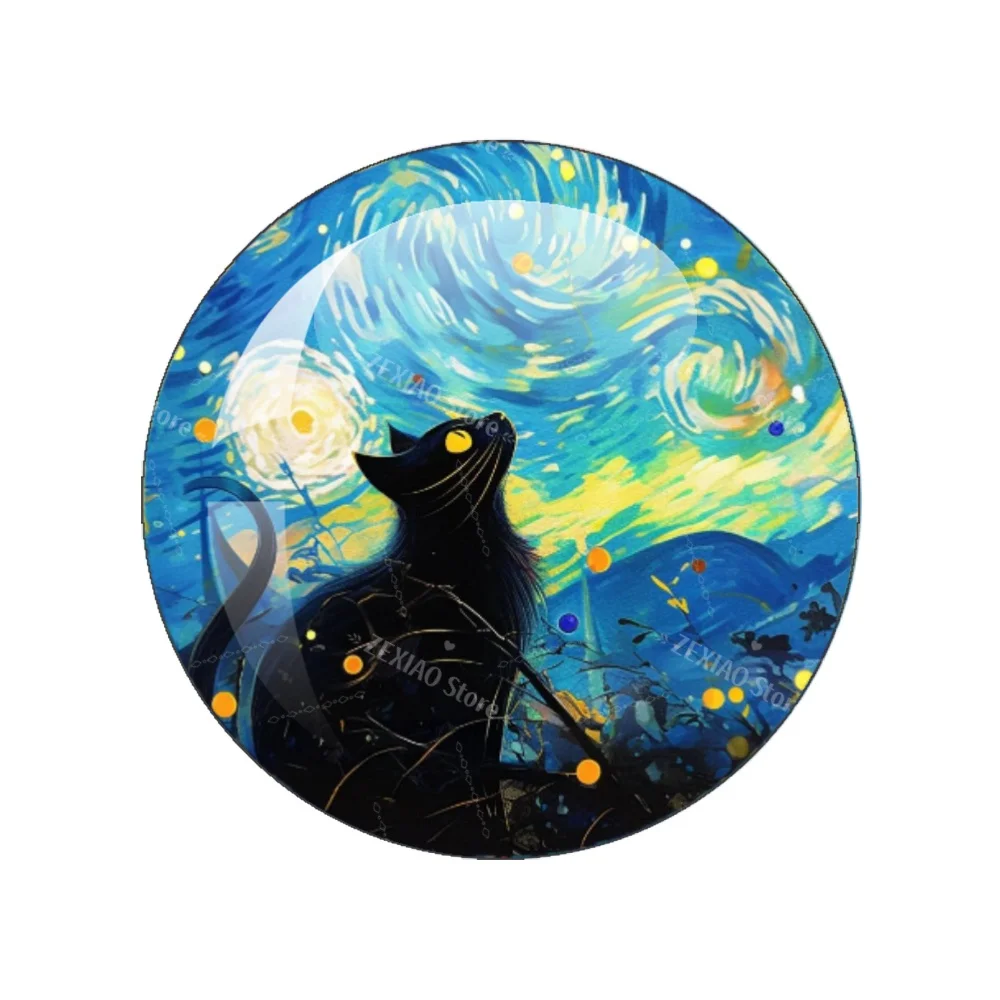 Creative Images Van Gogh Starry Sky Black Cat 12mm/18mm/20mm/25mm Round Photo Glass Cabochon Demo Flat Back Making Findings