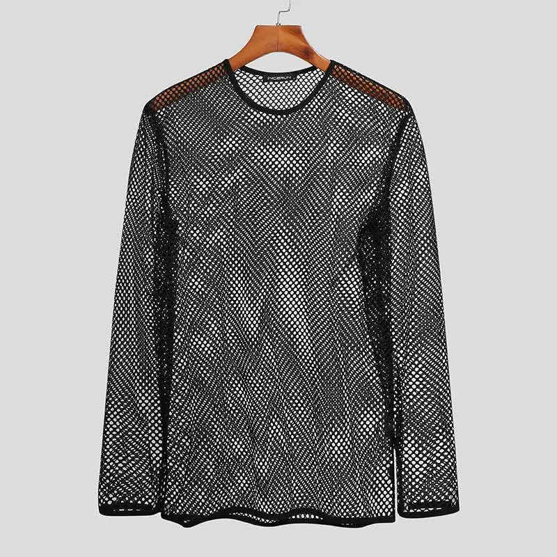 Men's Fishnet Mesh T-Shirts O-Neck Long Sleeve Transparent Tops Muscle Undershirt for Male Sexy Nightclub Gothic Punk Streetwear
