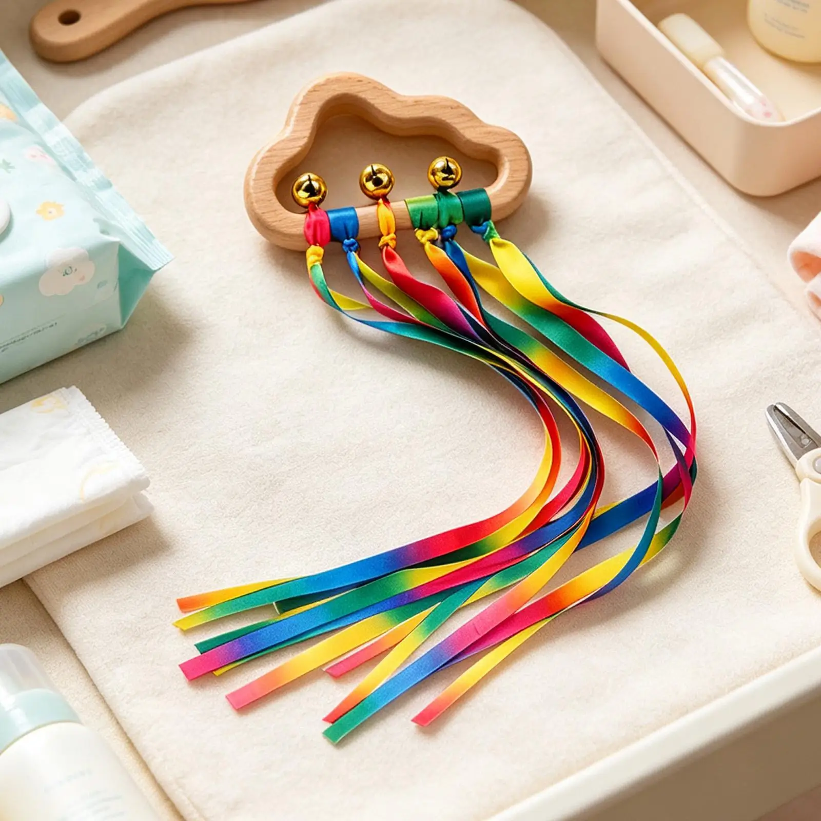 Kid Rattle Toys Rainbow Wooden Gentle Easy Grip Teething Ring Sensory Ribbon Toy for Children Boys Girls Home Indoor Outdoor