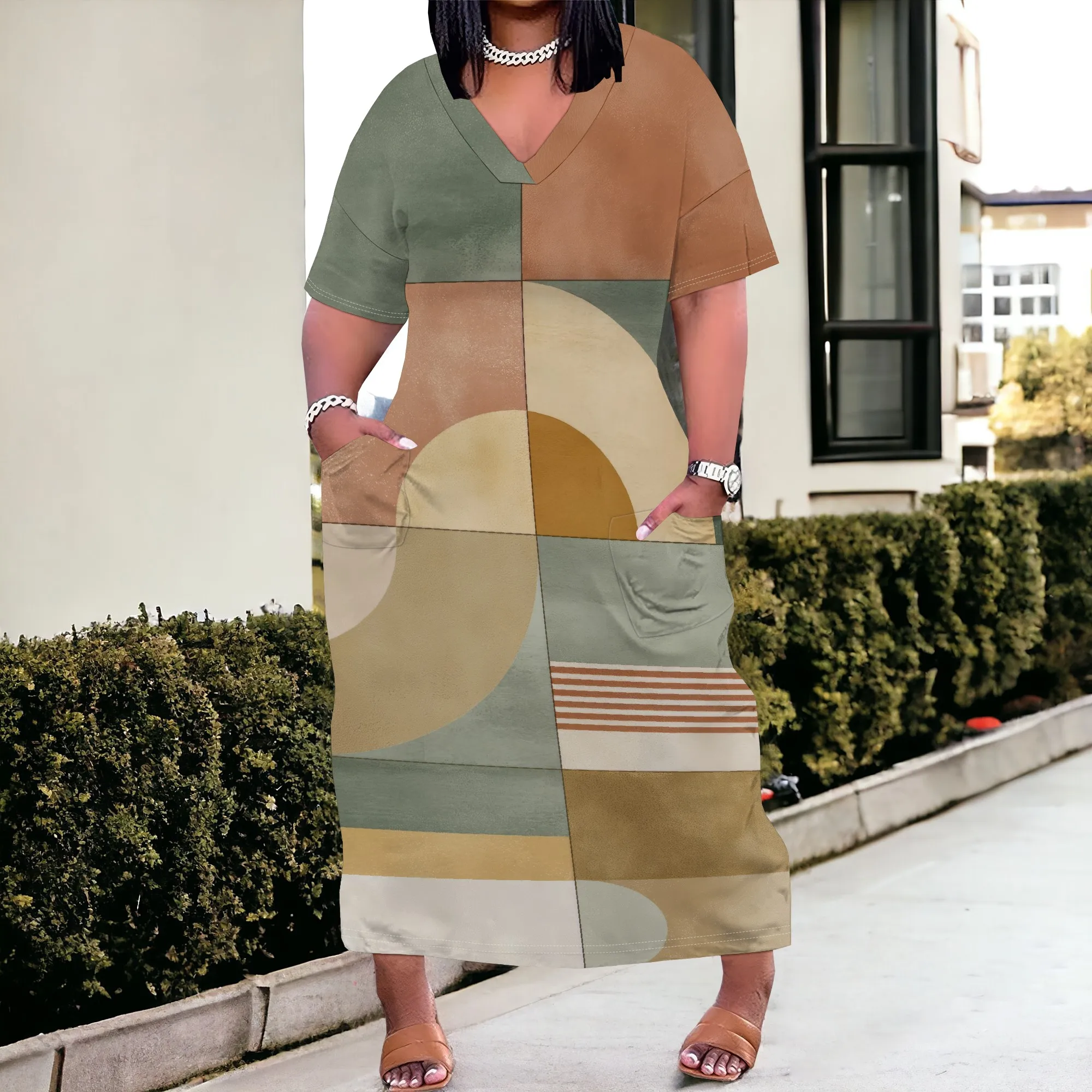 Nupusa jurk met geometrische lijnprint voor dames, grote maten zomer, casual midi-jurk met V-hals en korte mouwen