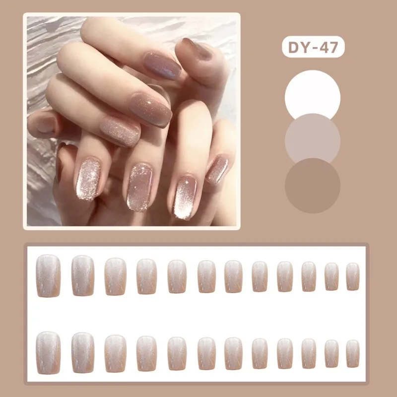 24pcs Medium Short False Nails for Gluing Woman Cat Eyes Cheap Finger Nails Press Ons Girls Artificial Glue on Nails with Glue