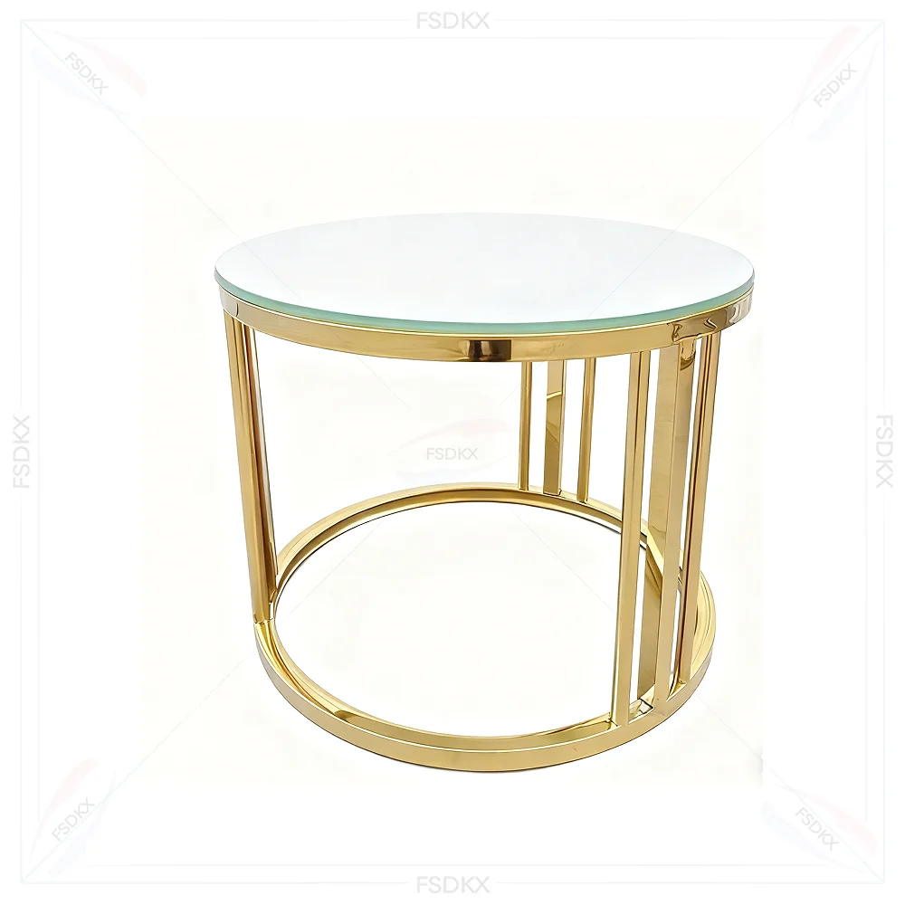 

2025 Luxury Round Glass Top Wedding Cake Table Shinny Gold Stainless Steel Wedding Banquet Tables for Events