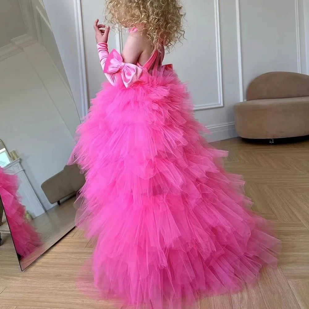 

Blue Flower Girl Dresses Velvet Halter Bow Puffy Ruffles Tulle Kids Assymetrical First Communion Birthday Party Bridesmaid Gown