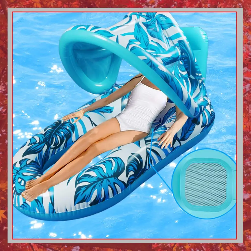 Swimming Pool Mattress with Sunshade Inflatable Water Sleeping Bed Floating Lounger Air Mattress for Swimming Pool Party