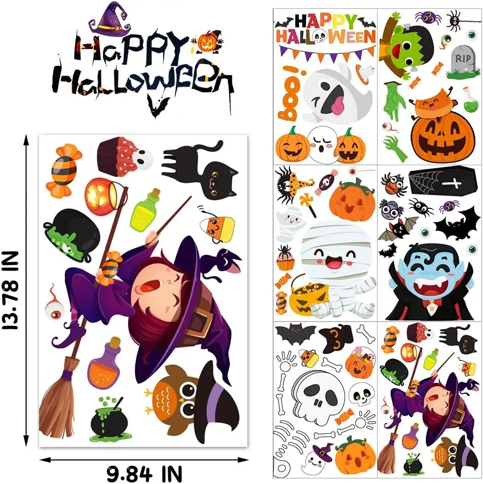 6 Sheet Window Clings - Cute Halloween Stickers and Decals for Kids - Indoor Window Decorations