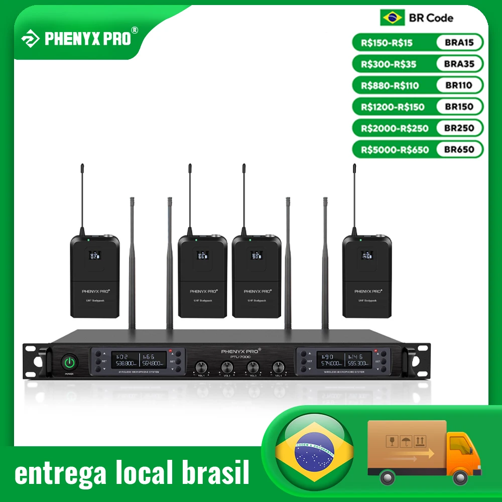 Phenyx Pro Wireless Microphone System 4 Channels Headset Mic Set Auto Scan Coverage 100M For Church,Stage Singers, Karaoke
