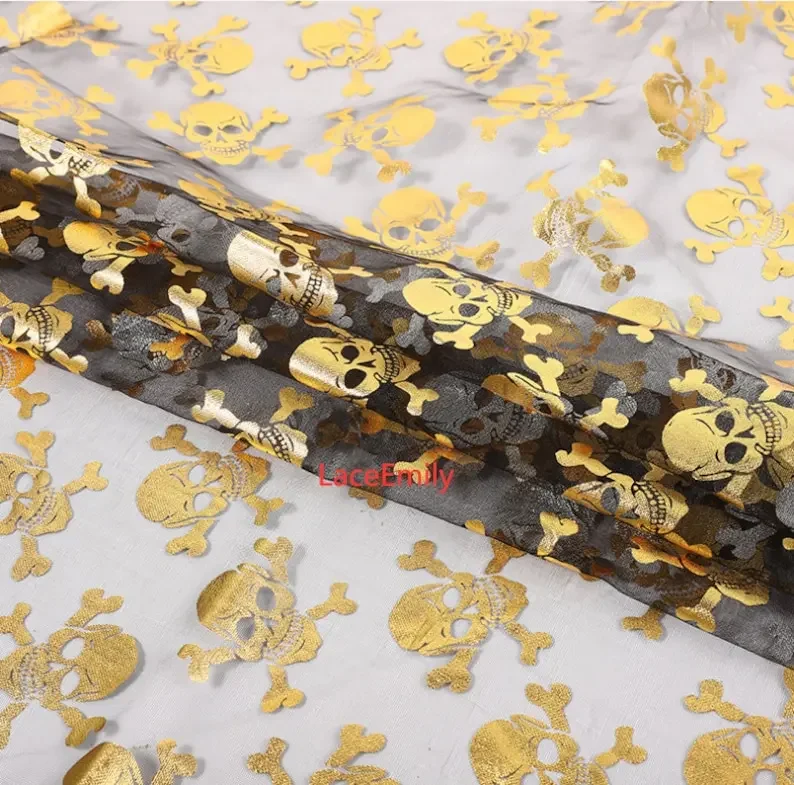 Gold skull pattern lace fabric skull black Mesh Tulle Fabric for Halloween, Easter, cosplay performance costume fabrics