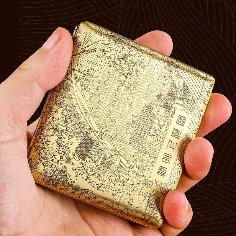 

Портсигар Qingming Shanghe Tu Guochao с тонкой резьбой, латунь, мужская мода, металл, 20 шт., портативный, золотой, латунь
