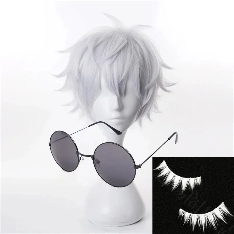 Jujutsu Kaisen Gojo Satoru Cosplay Perücke Silber Kurz Flauschig Mehrschichtig Hitzebeständige Synthetische Haarperücken Augenklappe Brille Anime