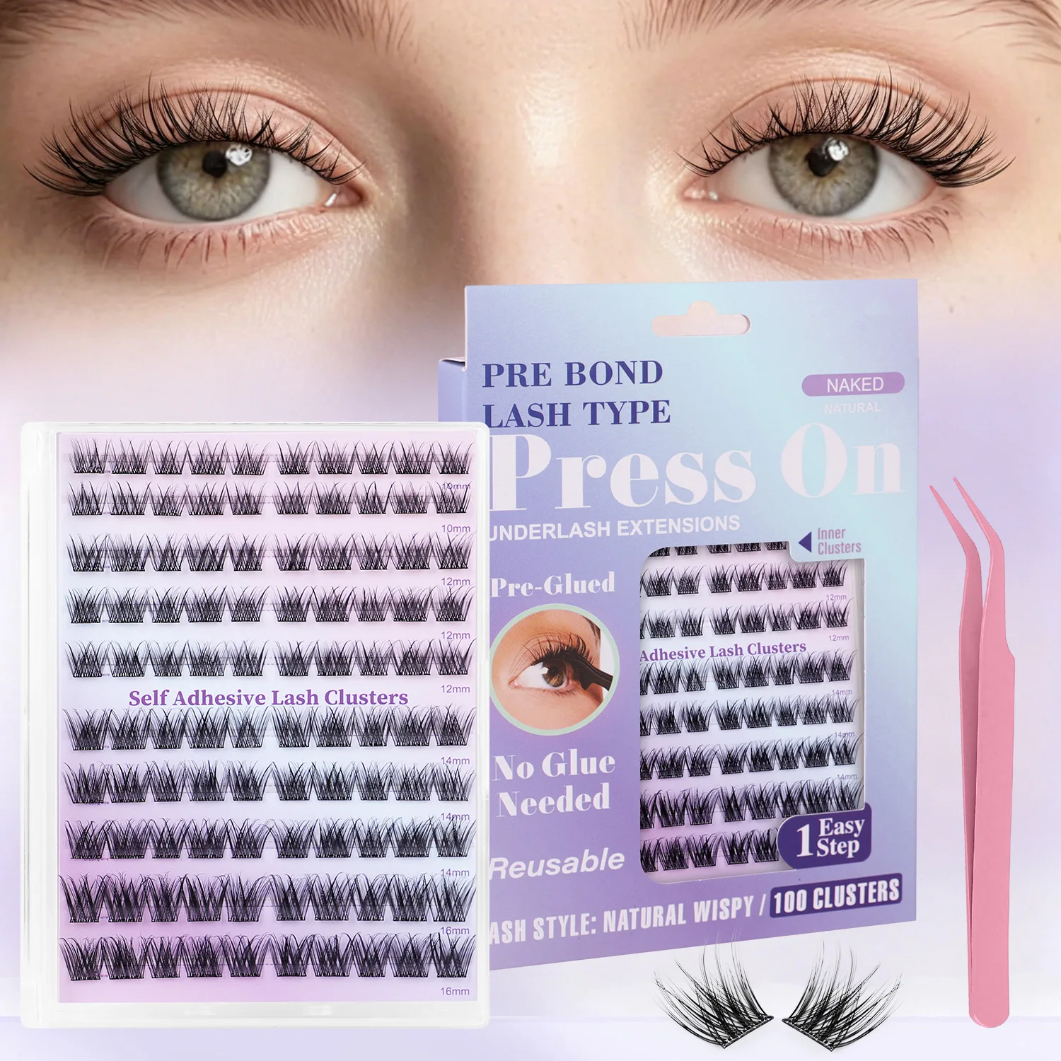 DIY Glue-free Cluster Eyelashes 100 Clusters Natural Dense Curly Individual Lashes Self Adhesive Lash Extension Set