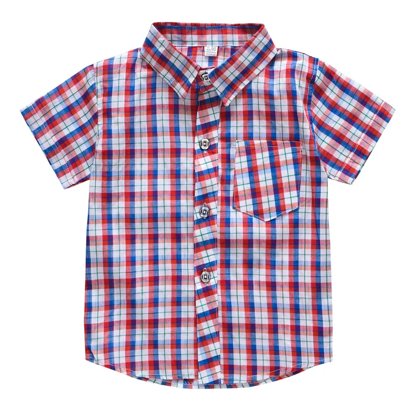 Camisa xadrez de manga curta infantil, camisas finas para menino, blusas de algodão infantil, tops casuais, camisetas de 3 a 8 anos, roupas de