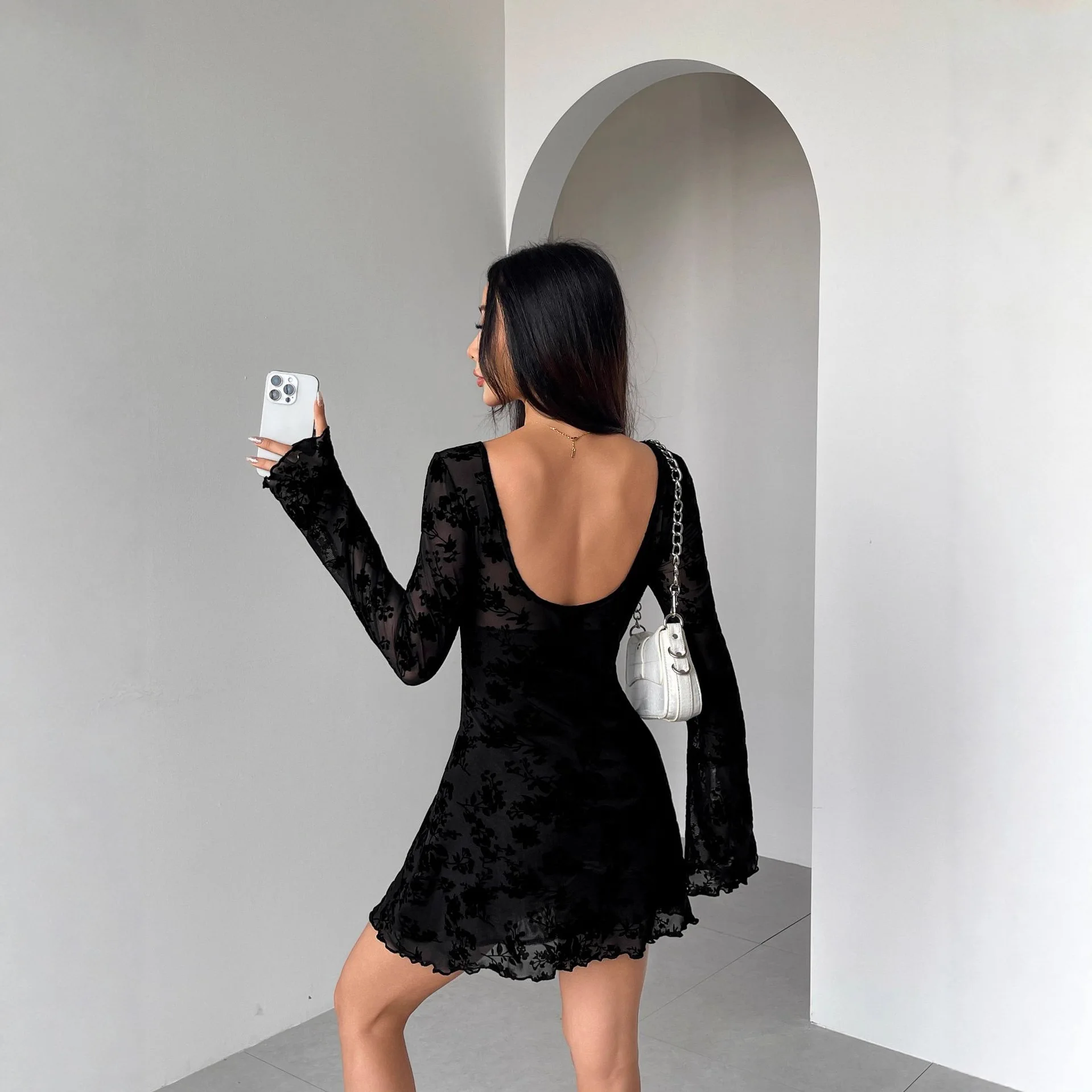 Robe floquée à manches longues pour femmes, nouvelle collection automne 2025, motif Floral, découpe, nœud, robe élégante