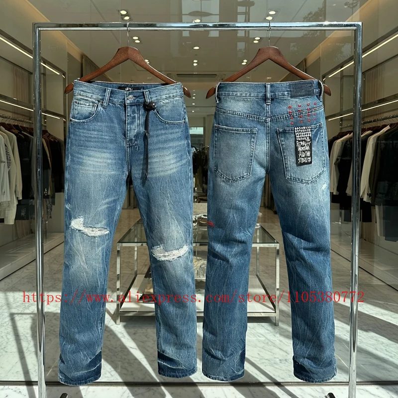 2026 New Men's Blue Washed Ripped Straight Jeans Distressed Slim Fit Denim Pants High Street Casual Trousers