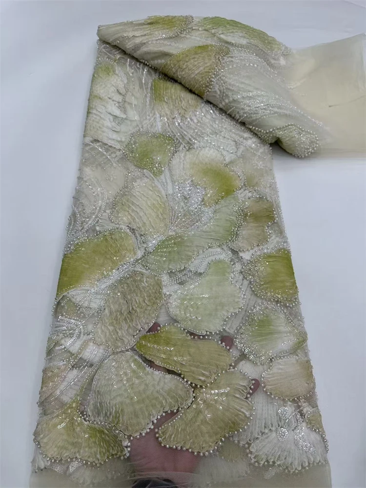 ผ้าลูกไม้ปักเลื่อมลายลูกปัดแอฟริกันแบบใหม่ ผ้าลูกปัด 3 มิติ ผ้าทูลล์ปักลาย ผ้าไนจีเรียสำหรับชุดงานแต่งงาน