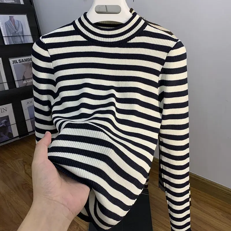 Plus Size Women Mock Neck Long Sleeve Top Autumn Winter Dralon Striped Warm Base Shirt Fat Mom Inner Wear T Shirt S 6XL view 3