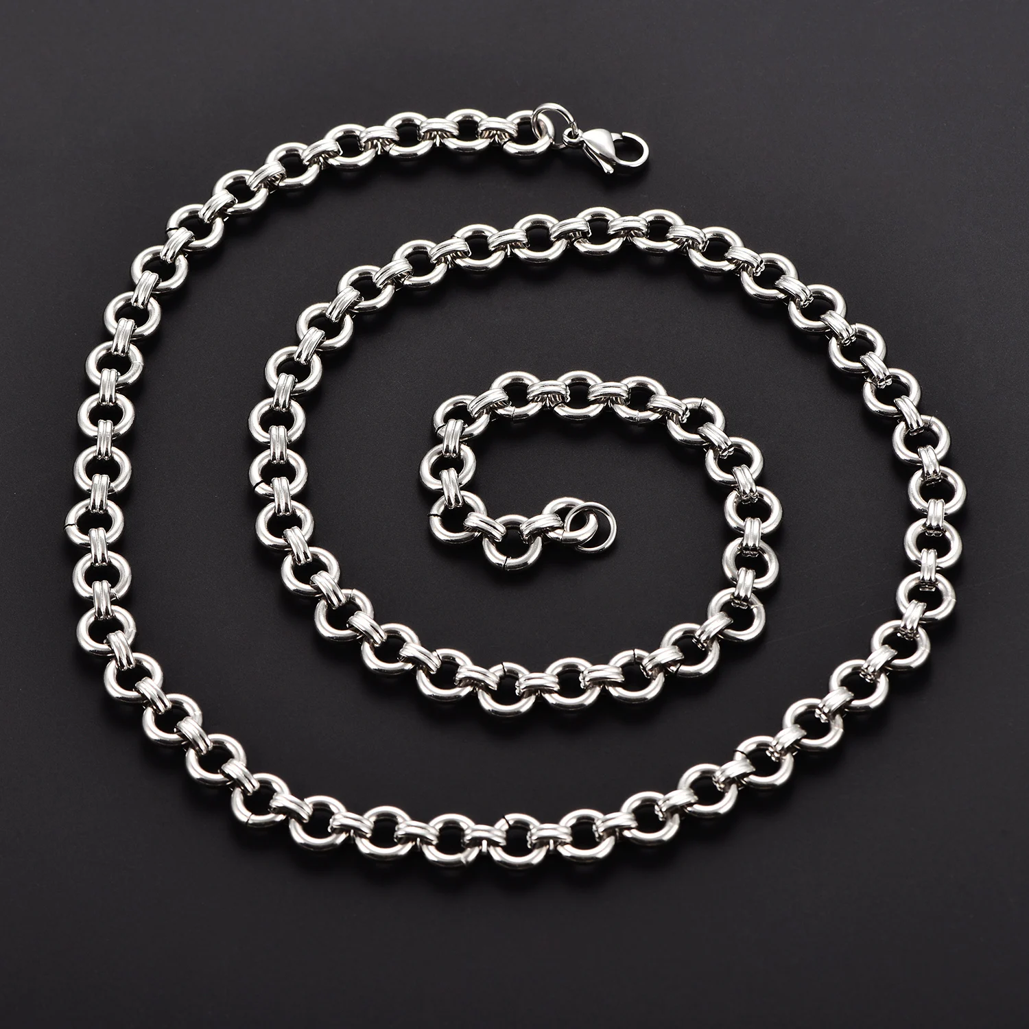 Massive Halskette aus Rostfreiem Stahl, Anlaufgeschützt, Rolo-Oval-Knoten-Kette, Schwerer Massiver Kreis-Choker, Metallschmuck – Detail 3