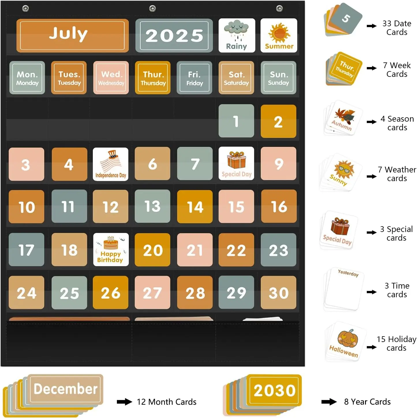 Kalender Boho besar, bagan saku untuk kelas dengan kartu kalender Bulanan dan cuaca grafik saku hitam untuk rumah Sekolah