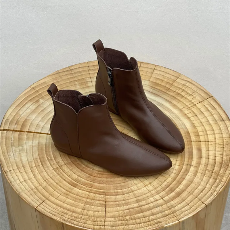 2025 جديد جلد طبيعي حذاء من الجلد النساء ريترو أحذية كعب منخفض أشار تو سستة السيدات عادية أحذية بوت قصيرة مكتب أحذية النساء #4
