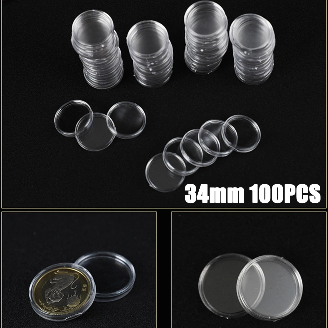 100Pcs 34mm Coin Cases Capsules Holder Applied Clear Plastic Round Storage Boxes Protector Cases Collection Container