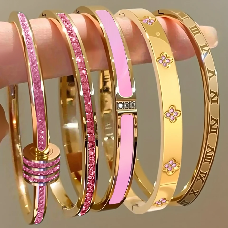 ZAKOL New Buling Pink Crystal Zirconia Stainless Steel Bracelet for Women Versatile Stackable Jewelry Waterproof Bangle Gift