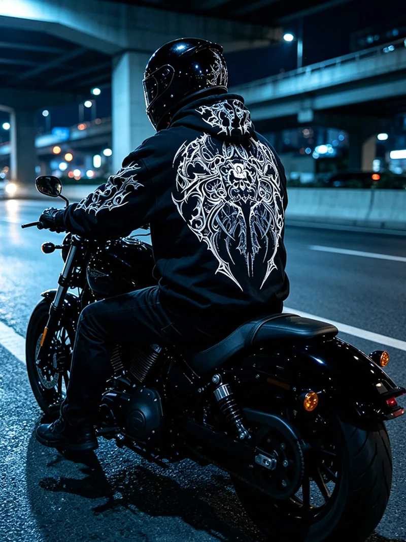 Herren Alt Gothic Zip-Up Hoodie Y2k High Street American Style Dunkler Dornen-Print Fleece-gefütterter Loser Biker Herbst-Winter-Sweatshirt – Detail 4