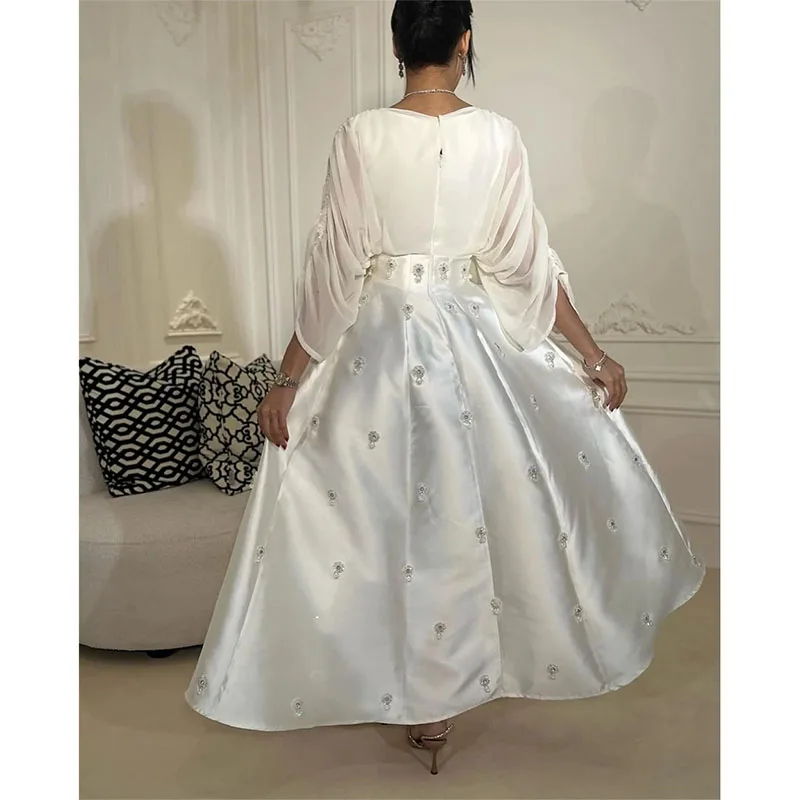 Elegant Saudi Arabia Satin Prom Dress Draped Applique Pleat Evening A-line V-Neck Bespoke Occasion Gown Long Sleeve Dresses NEW