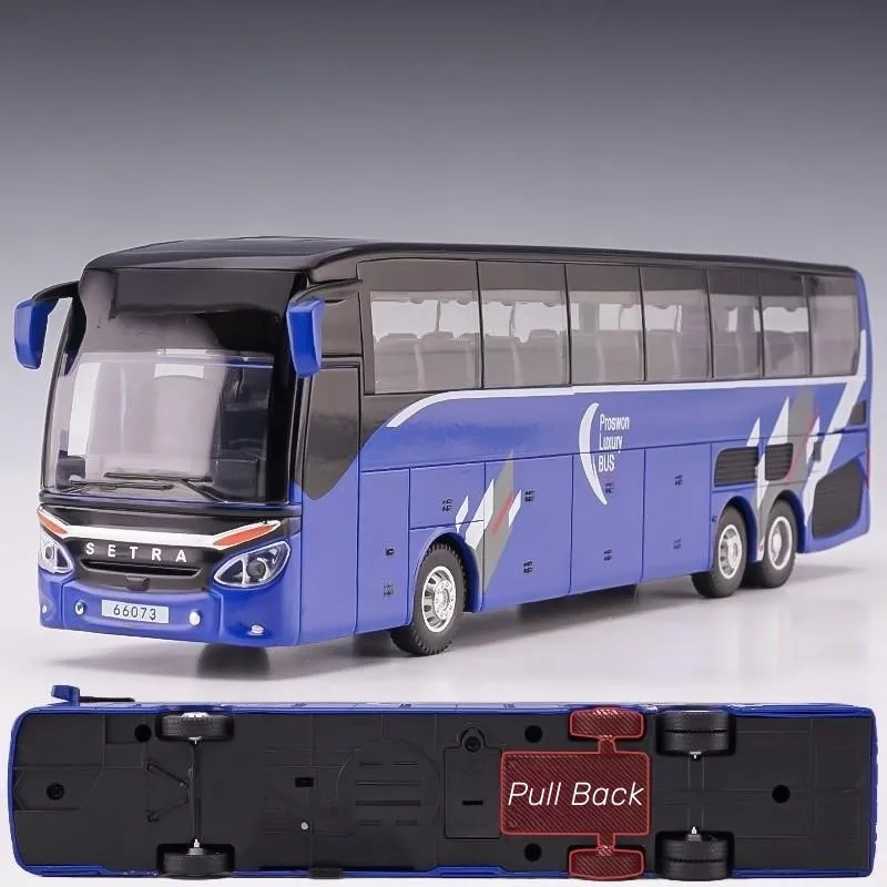 SETRA-Coche de juguete de autobús de lujo, modelo en miniatura fundido a presión, tire hacia atrás, sonido y luz, Colección educativa, regalo para