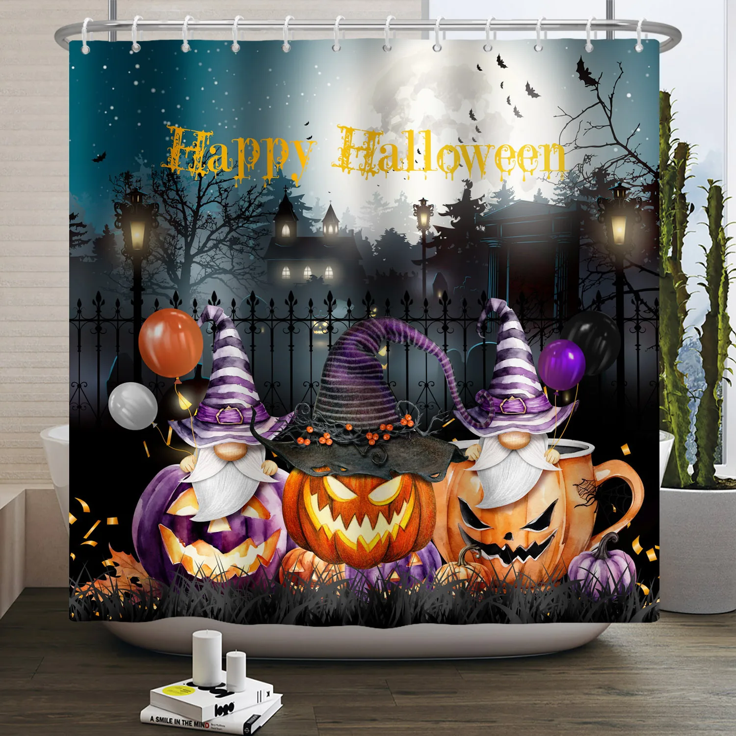 

Happy Halloween Decoration Shower Curtain Horror Halloween Night Pumpkin Bat Pattern Party Curtain Waterproof Bathroom Curtain