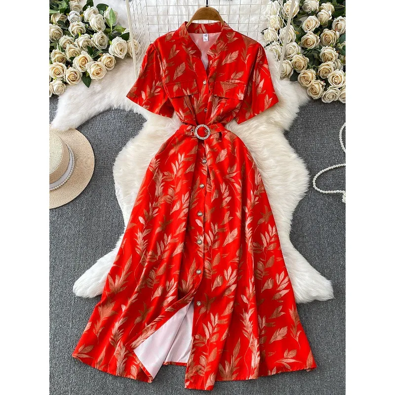 French-style Chic, Fashionable Maple Leaf Print V-neck Clothes For Women, Summary Single-breasted Waist-cinching Elegant, And