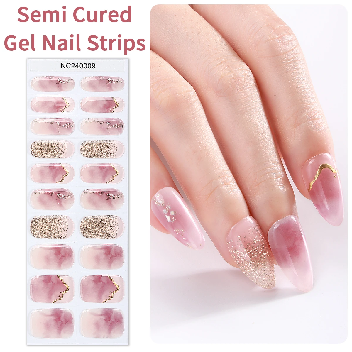 20Tips Pink Purple Semi Cured Nail Gel Strips Glitter Gradient Gel Nail Stickers for Women Self-Adhesive DIY Manicure Strip