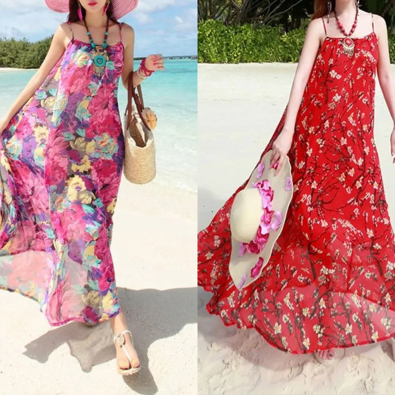 

2023 Summer Bohemian Floral Printed Camisole Sleeveless Long Dress Women's Clothing Vintage Elegant Beach Loose Chiffon Dresses