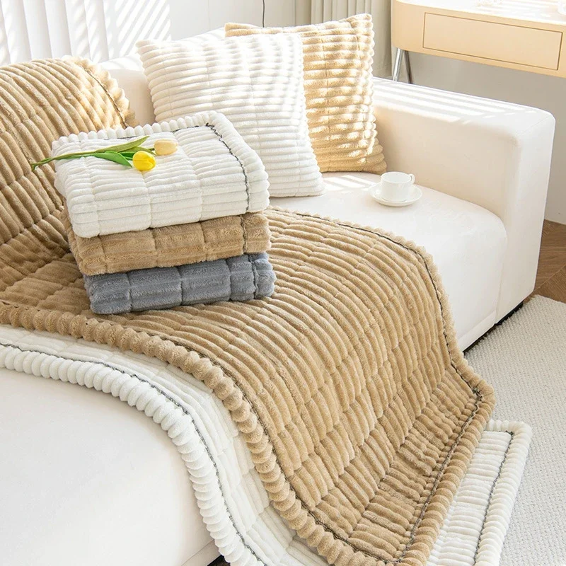 Thicken Quilting Warm Stripe Flannel Sofa Pad For Winter Living Room Sofa Towel Multiuse Sofa Cover Slipcover