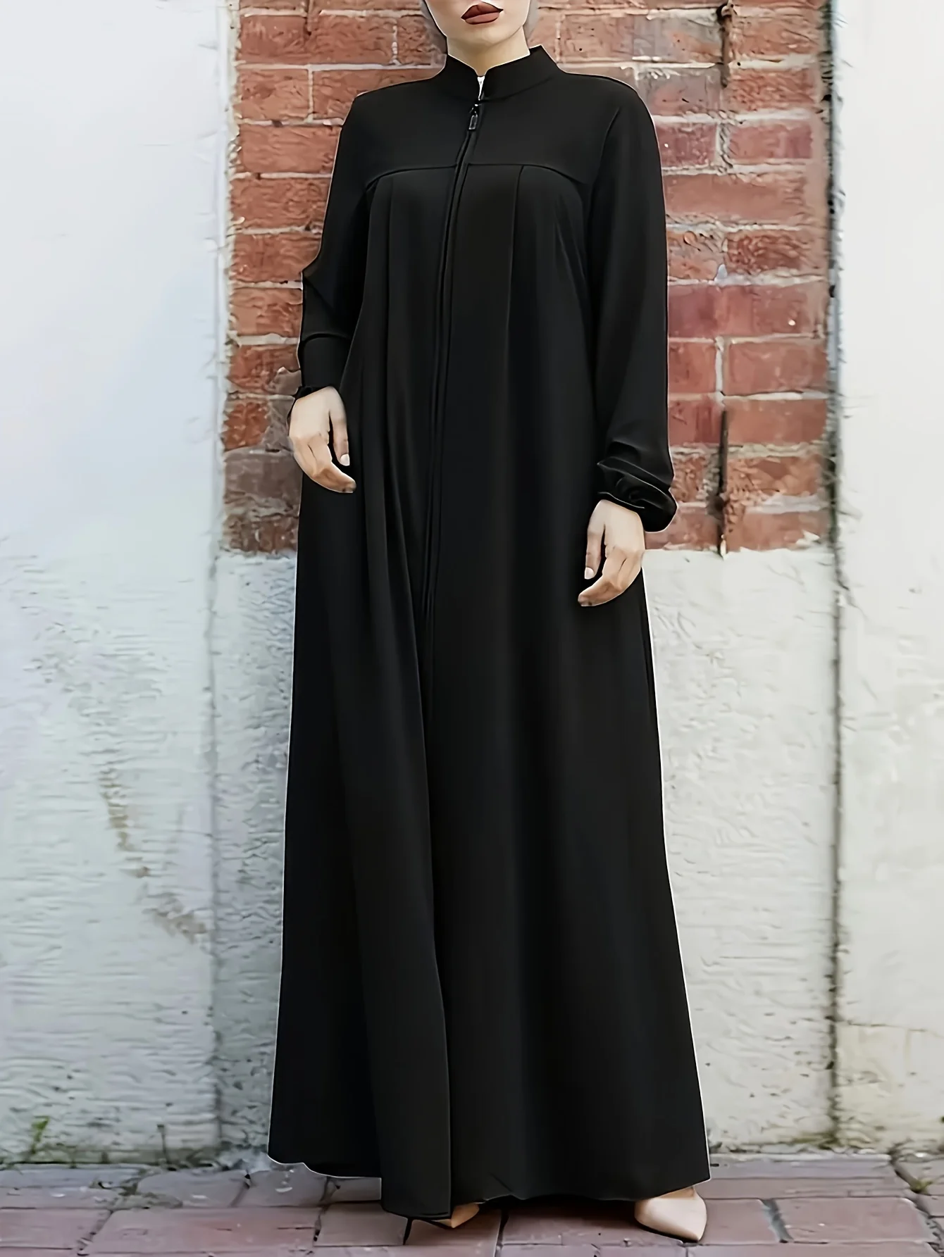 

Spring and summer Middle Eastern style women's long robe with elegant zipper and knee length stand up collar, long dress