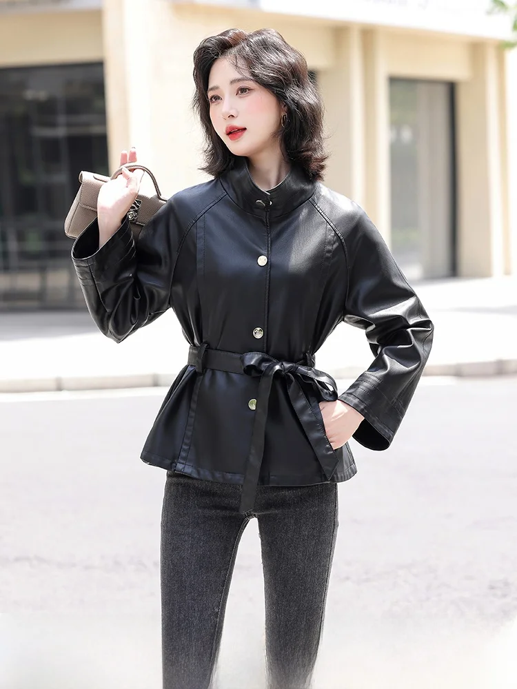 

Korean Sle ort Leather Jaet Women's Waist-Cinching Stand Collar eepskin Coat High-End Slim Fit Windbreaker