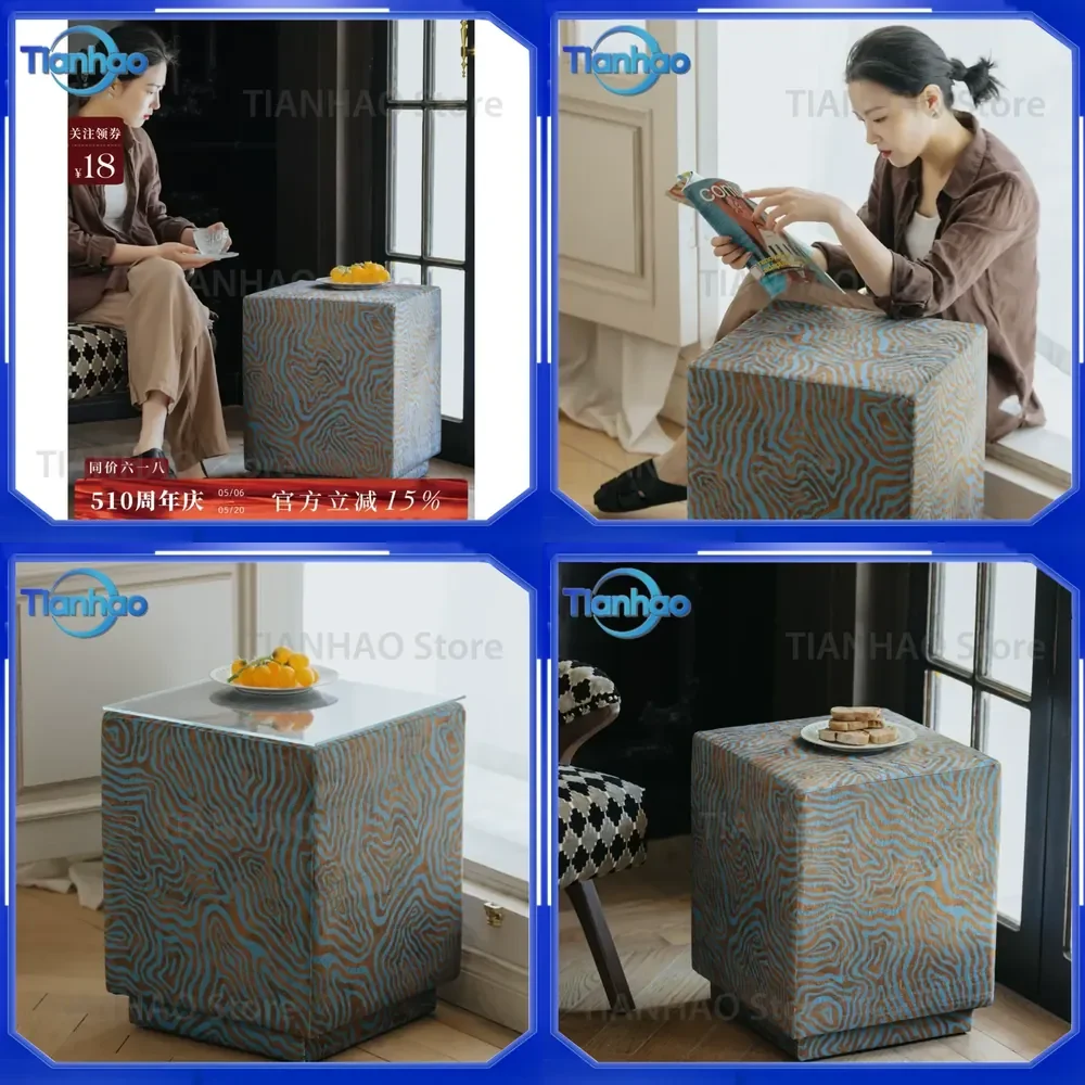Coffee Table for Family Romance Golden Blue Qimeng Fabric Medieval Living Room Retro Striped Nordic Soft Bag Decoration Edge