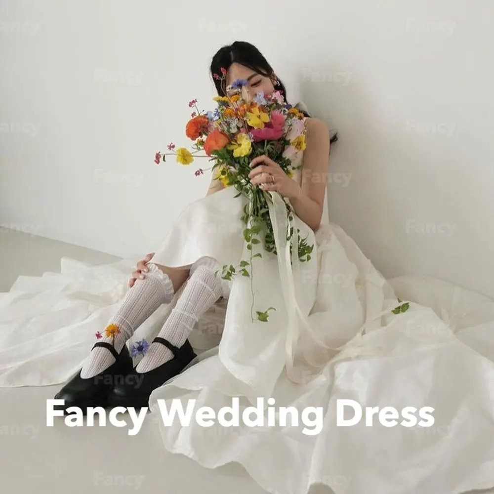 FancySimple O-Neck Taffeta Tulle Wedding Dresses Photo Shoot Long Bow Korea Bridal Gown 웨딩드레스 customized