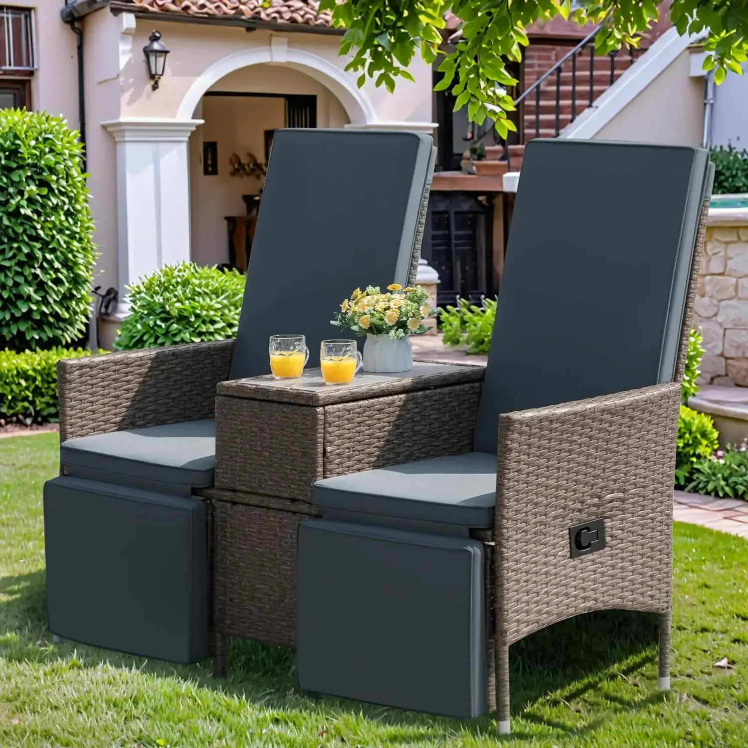 Ajustável Encosto Reclinável Cadeira, Vime Conversa Set com Mesa, Almofada grossa, Indoor e Outdoor Recliners