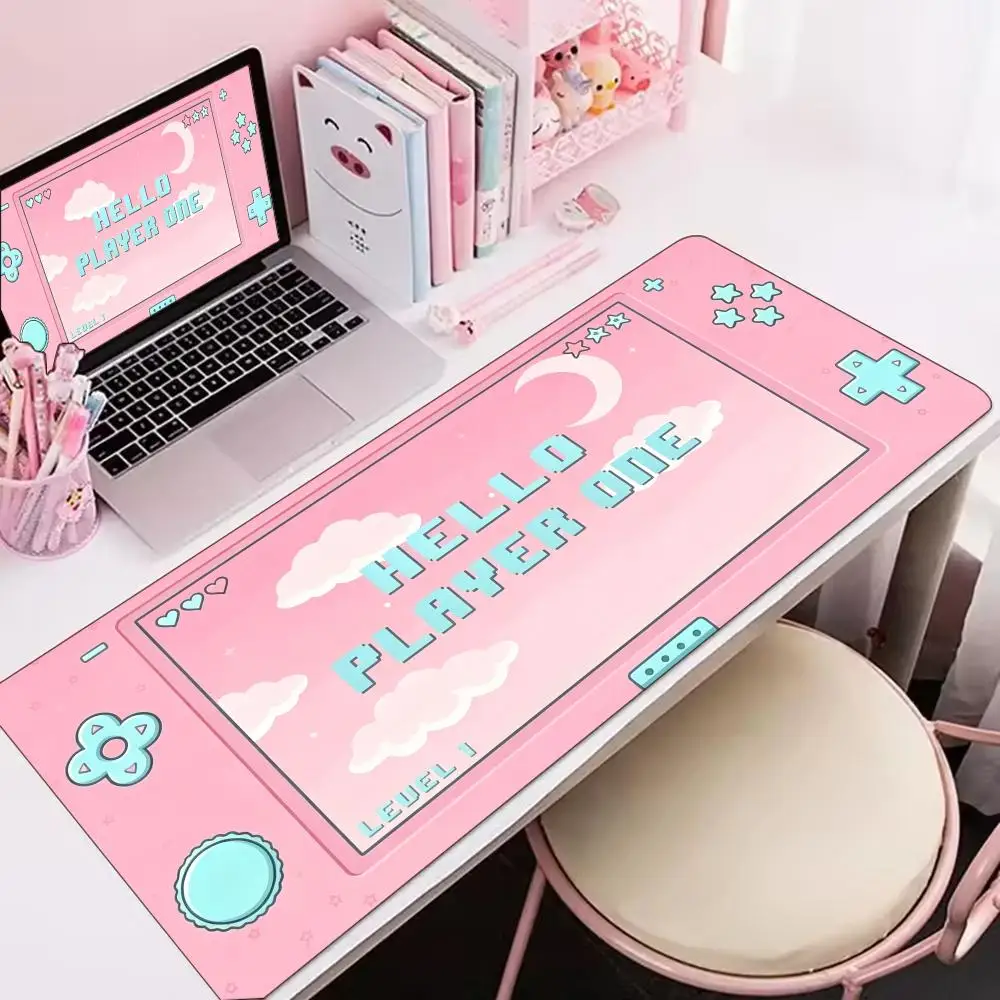 Pastel Pink Game Console Gaming Mousepad Kawaii Cloud Moon Desk Mat Non‑Slip Rubber Stitched Edge Pad For PC Gaming Enthusiasts