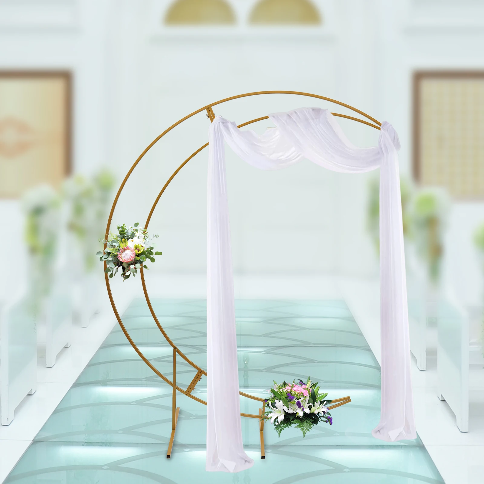 7-ft Height Wedding Arch Stand Carbon Steel Background Wedding Arch Curved Flower Balloon Frame with Rectangular Base