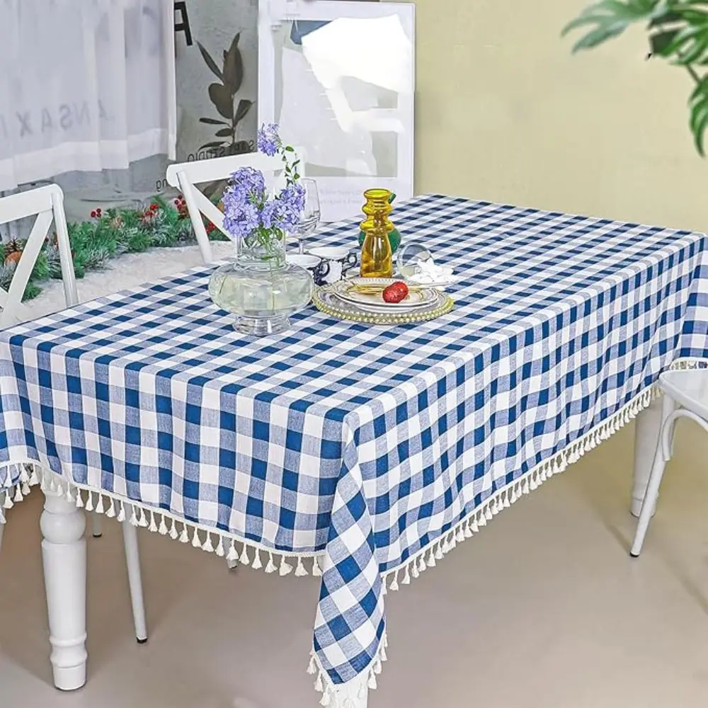 Practical Linen Plaid Tablecloth Waterproof Antifouling Table Cover with Tassel Rectangular Desk Cover Home