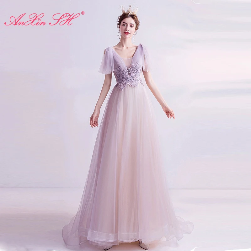 

AnXin SH princess light purple lace vintage beading crystal flower sleeveless ruffles a line host bride evening dress 5716