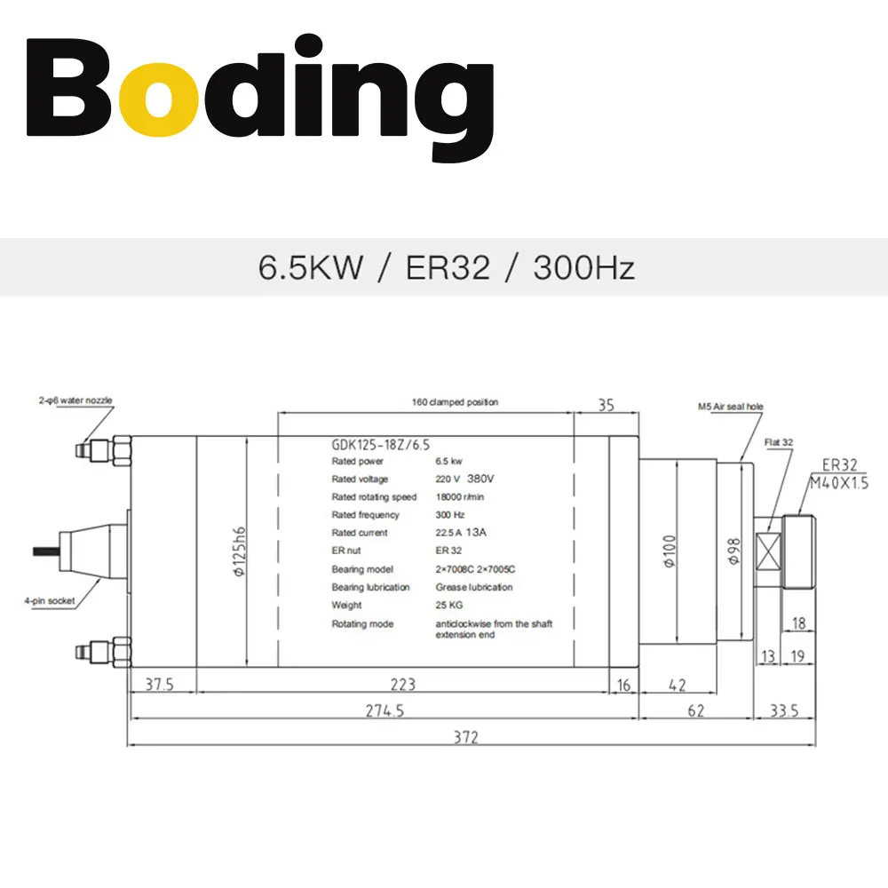 BODING 5.5KW 6.5KW 7.5KW CNC Water Spindle Motor 220V 380V ER25 ER32 With Inverter GDK125-24Z For CNC Metal Milling Cutting