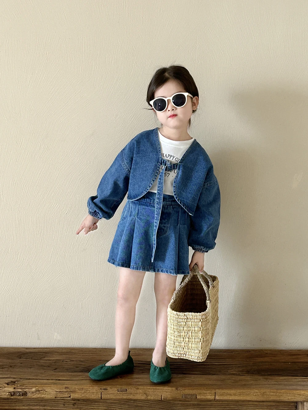 

2-7T Girls Fashion Blue Denim 2piece Set Cute Children 2024 New Spring Autumn Fashion Casual Shawl Jacket+A-line Skirt Sweet Set