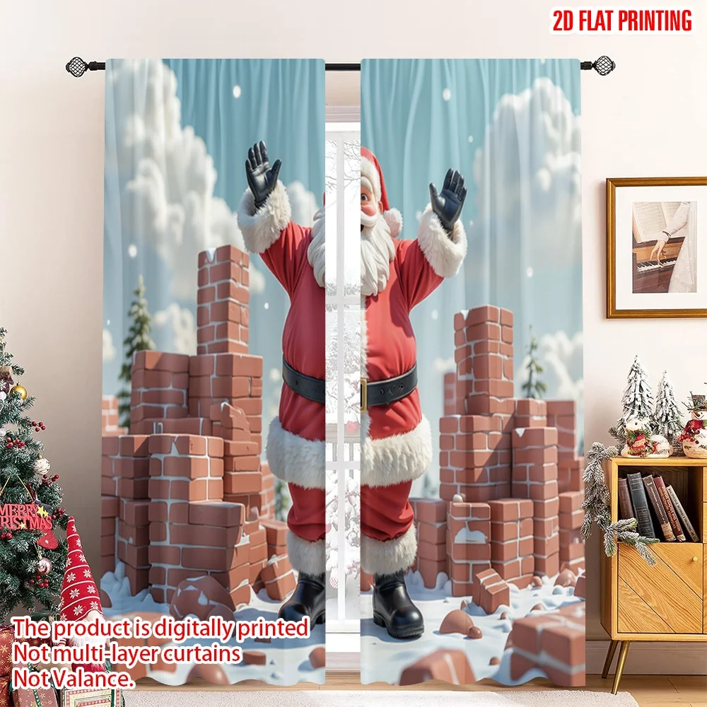 

2pcs 2D flat printing Merry Christmas Popular Party Window Curtains Christmas Santa breaking wall 100% Polyester Fabric Without