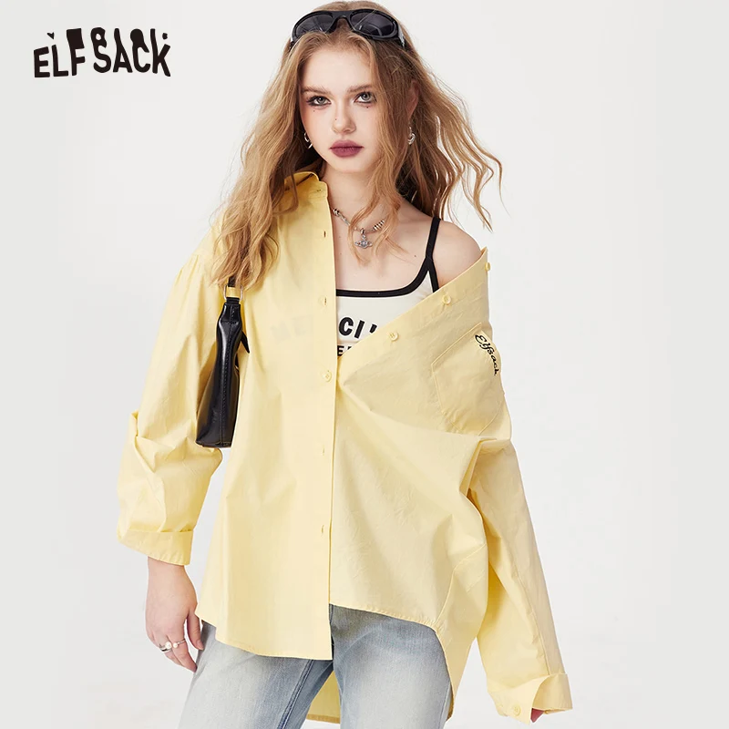 

ELFSACK versatile casual alphabet embroidered long sleeve blouse 2024 spring thin new polo neck young emergetic pocket cotton ve