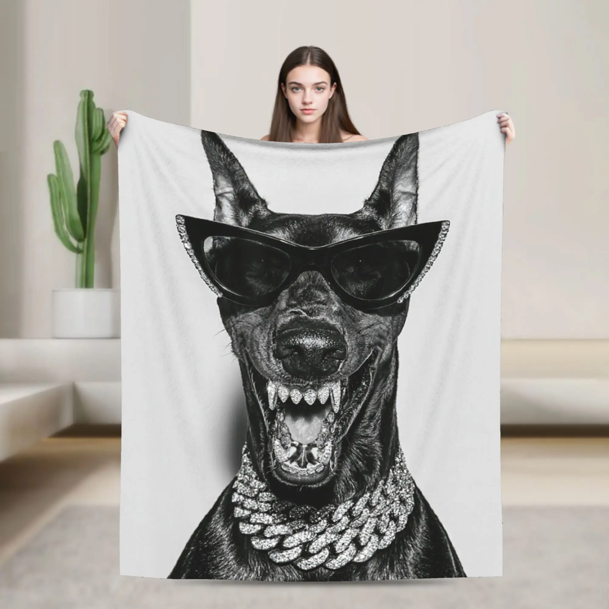 Glam Doberman with Sunglasses Glamorous Animal Boujee Dog Blankets Soft  Throw Blanket Winter Couch Chair Sofa Bed Bedspread