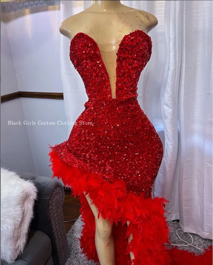 Sparkling Sheath V-Neck Prom Dress Red Sexy Inlaid Sequins Feather Appliques Slant Floor Length Black Girl Queen Dress فساتين سه