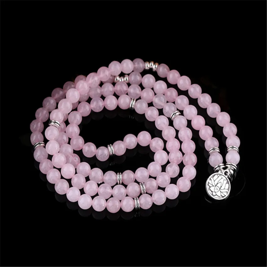 

8mm pink crystal mala necklace pendant 108 beads bracelet Peace Stones Bangle Handmade Health Women Yoga Yoga